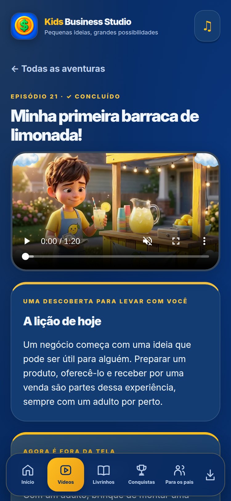 Tela real do aplicativo: episódio em reprodução