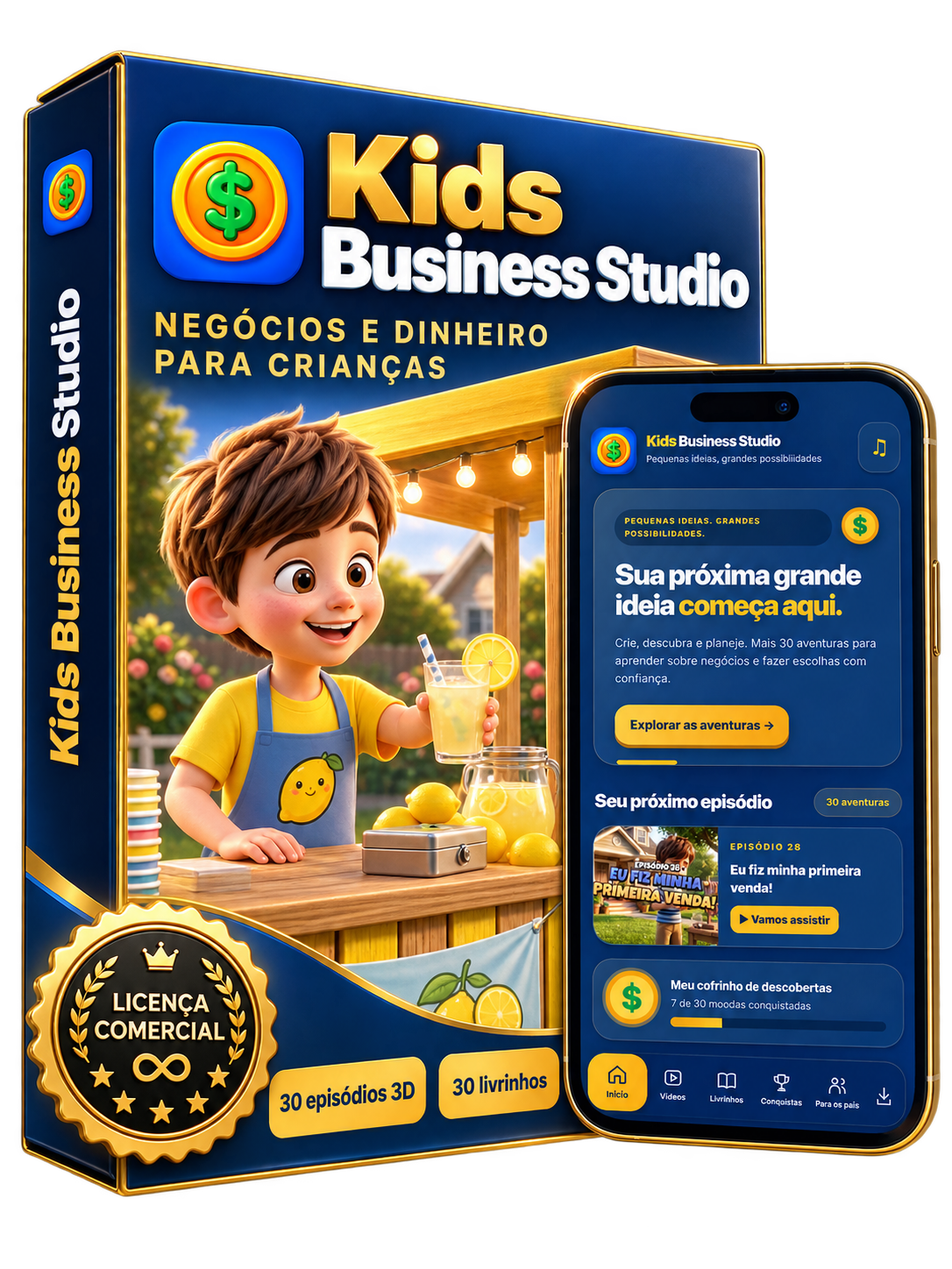 Kids Business Studio: caixa do produto, aplicativo no celular, personalizador e licença comercial